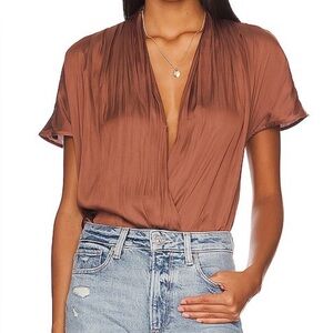 Paige Dijon Short Sleeve Bodysuit in Bronze Dust - Draped Blouse Top